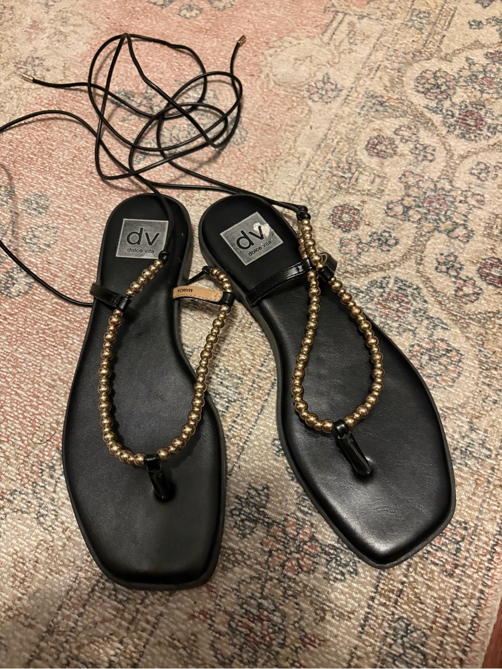 Dolce Vita Black Leather Beaded Lace-Up Sandals with Gold Beads